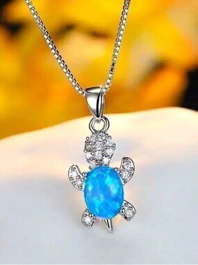 “Just Keep Swimming” Blue Opal Turtle Animal Ocean Sterling Silver Gift Necklace